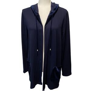 Susan Graver Weekend Hooded Cardigan Sz L Open Front Velvet Trim Blue Lagenlook